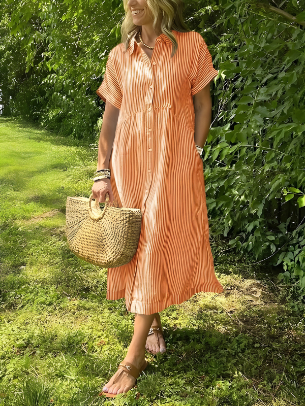 Marina | Striped Maxi Shirt Dress with Pockets
