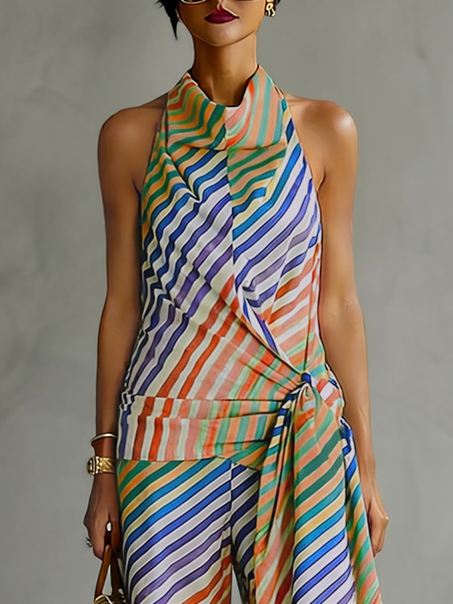 Striped Halter-Neck Open-Back Sleeveless Vest
