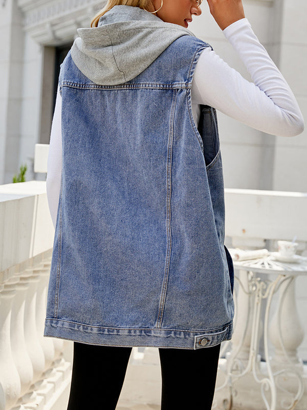 Hooded Drawstring Button-Detail Pocket Vest