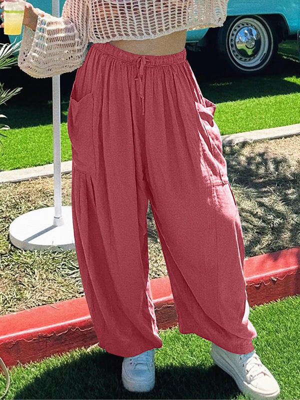 High-Waist Pleated Drawstring Pocket Pants