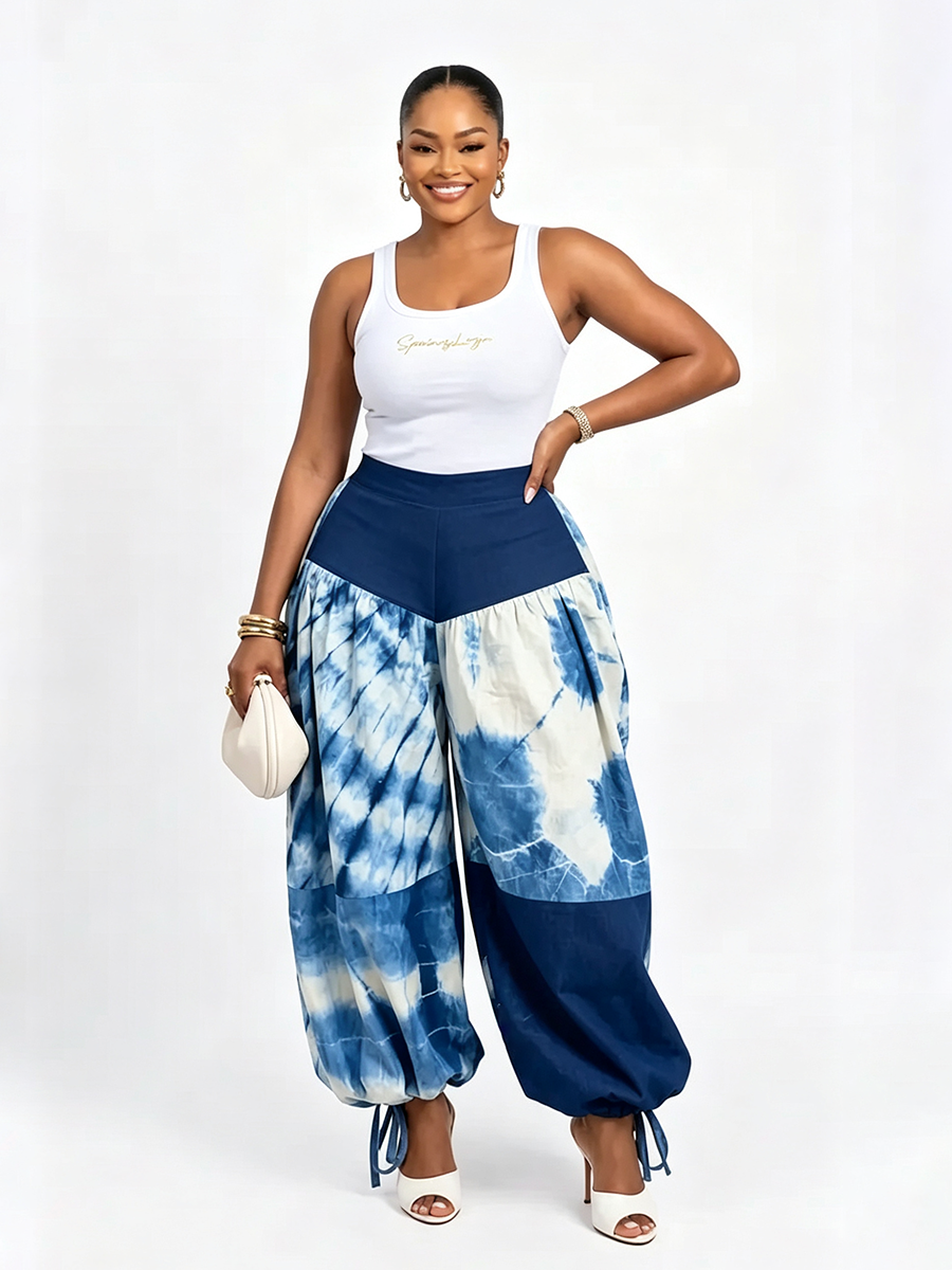 Printed High-Waist Contrast Pants