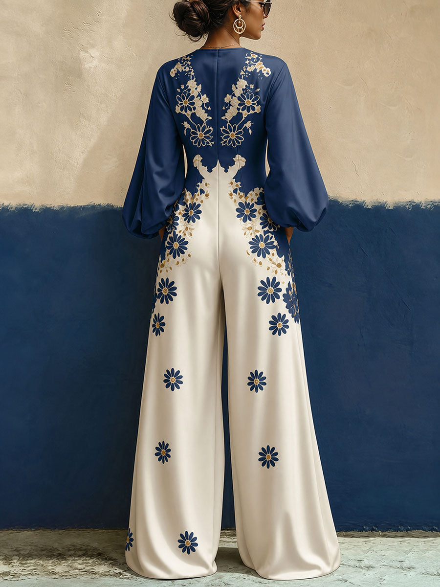 Floral Wide-Leg V-Neck Pocket Jumpsuit