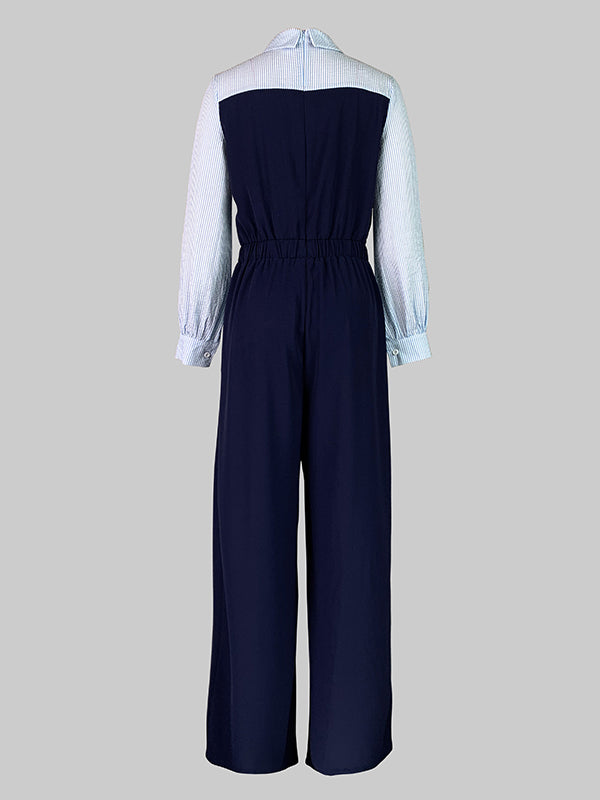 High-Waist Pleated Button-Detail Long-Sleeve Jumpsuit