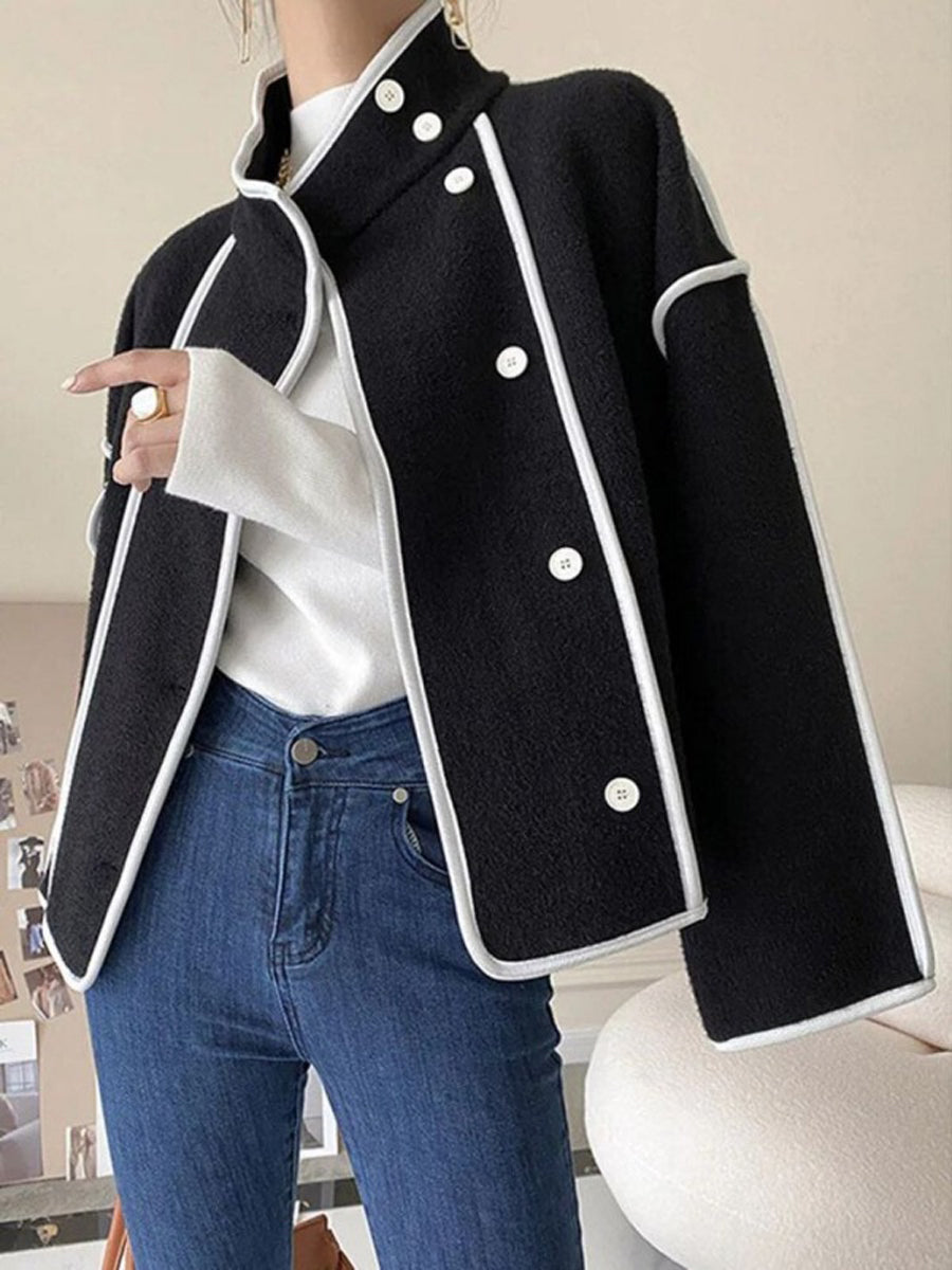 Stand-Collar Button-Detail Long-Sleeve Relaxed Jacket