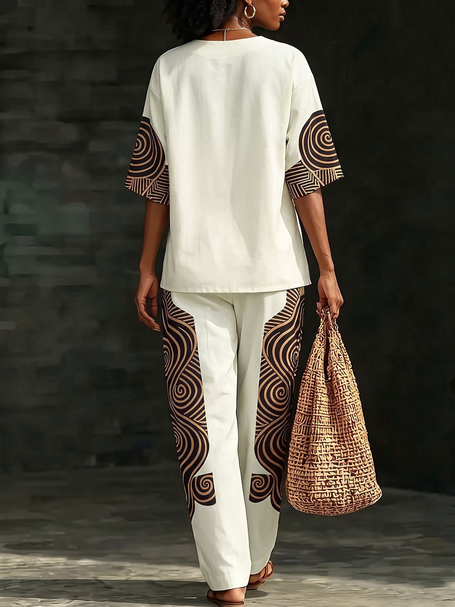 Printed Wide-Leg Pocket Elastic Pants