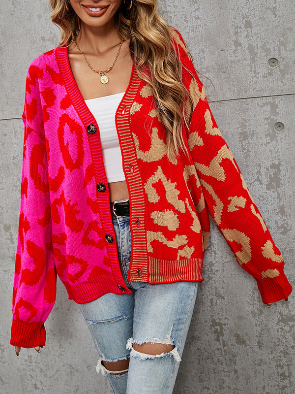 Leopard Print V-Neck Button-Detail Long-Sleeve Cardigan