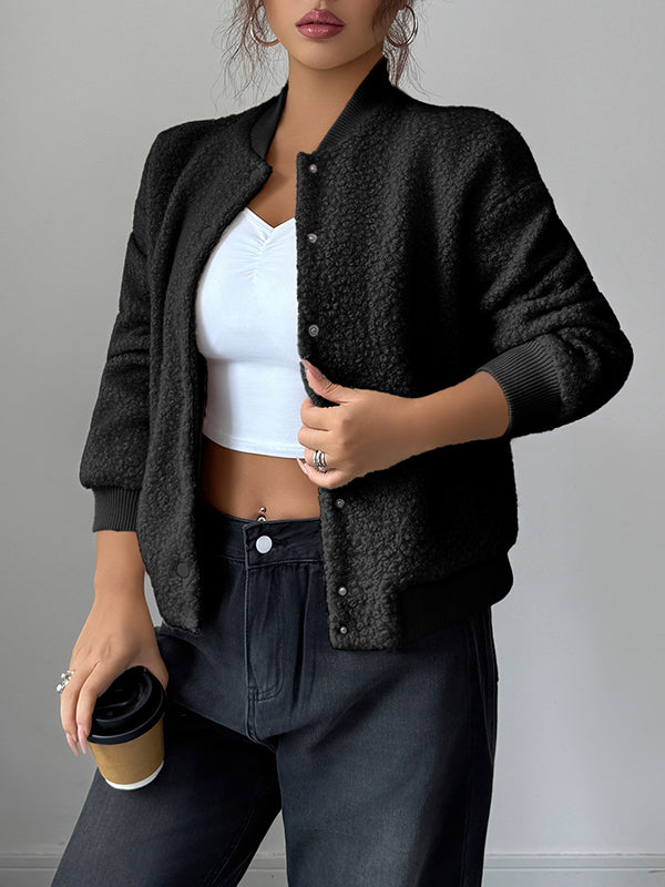 Button-Detail Pocket Long-Sleeve Elastic Jacket