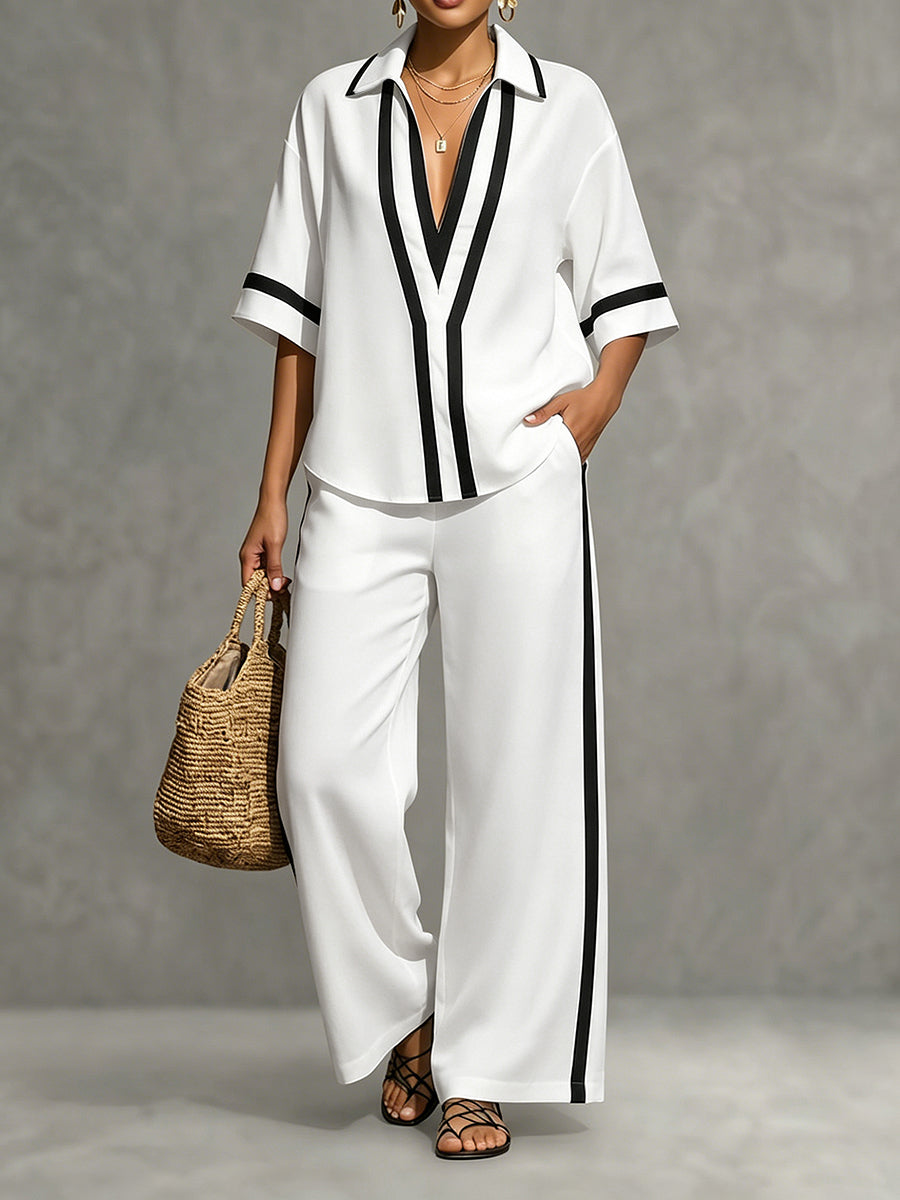 Wide-Leg High-Waist Pocket Contrast Pants