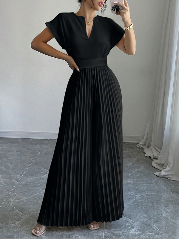 V-Neck Pleated Short-Sleeve Relaxed Jumpsuit
