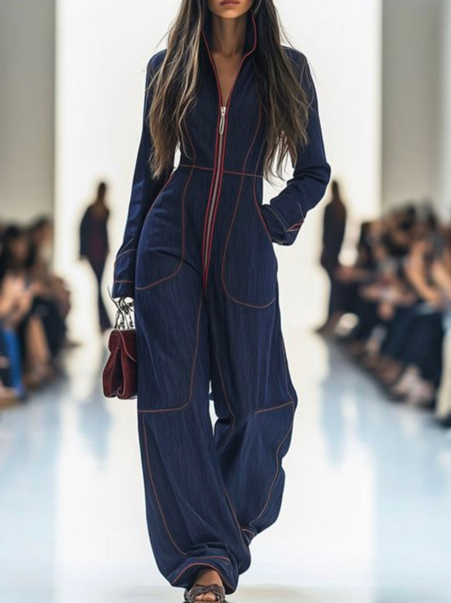 Wide-Leg Stand-Collar Zip Long-Sleeve Jumpsuit