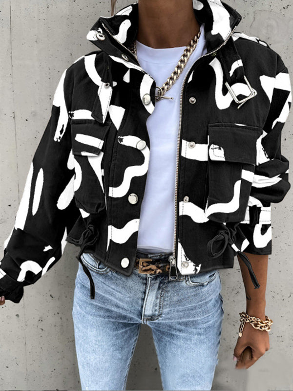 Printed Stand-Collar Drawstring Button-Detail Jacket
