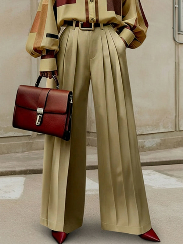 Wide-Leg High-Waist Pleated Pocket Belt