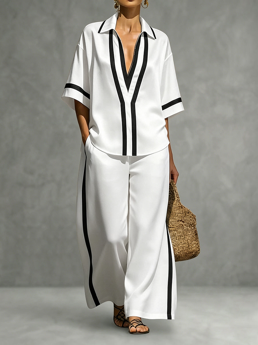 Wide-Leg High-Waist Pocket Contrast Pants