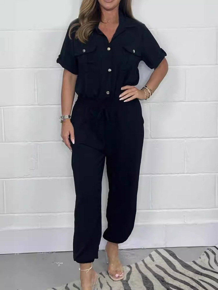 High-Waist Drawstring Button-Detail Pocket Jumpsuit