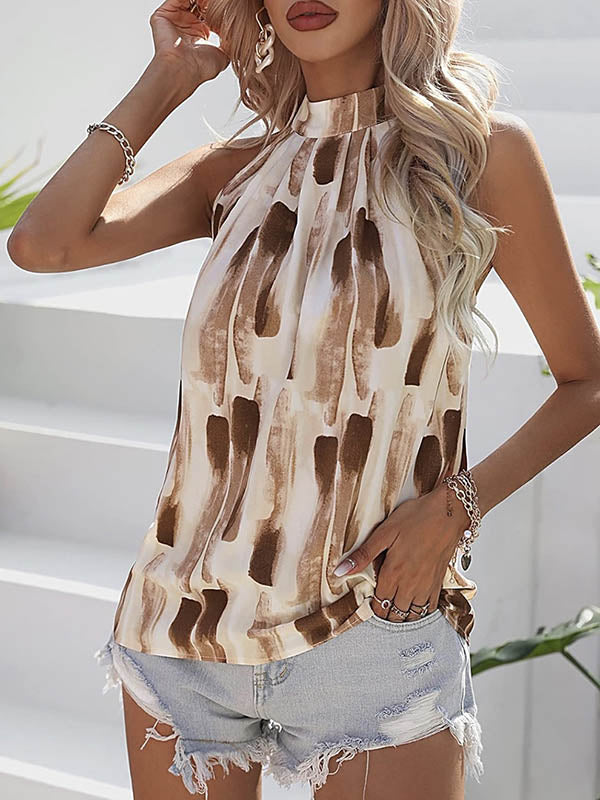 Halter-Neck Pleated Sleeveless Cut-Out Vest