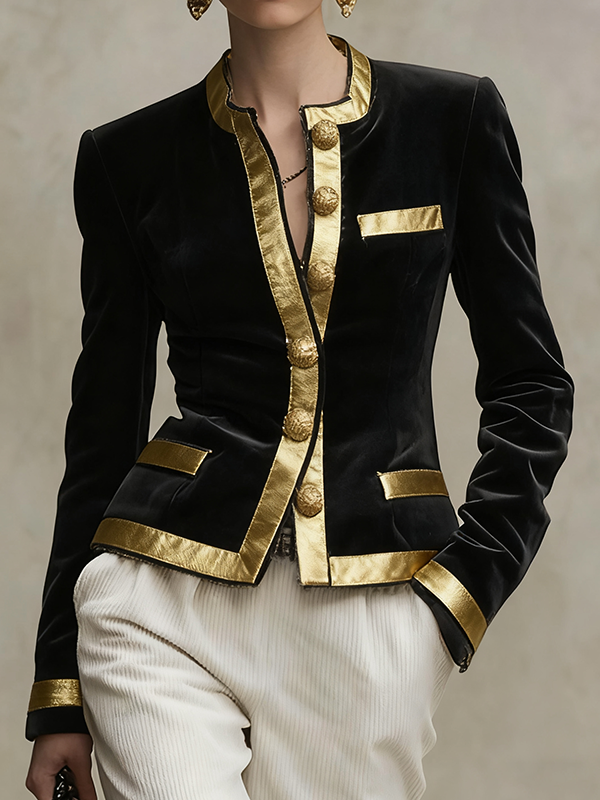 Round-Neck Button-Detail Long-Sleeve Contrast Jacket