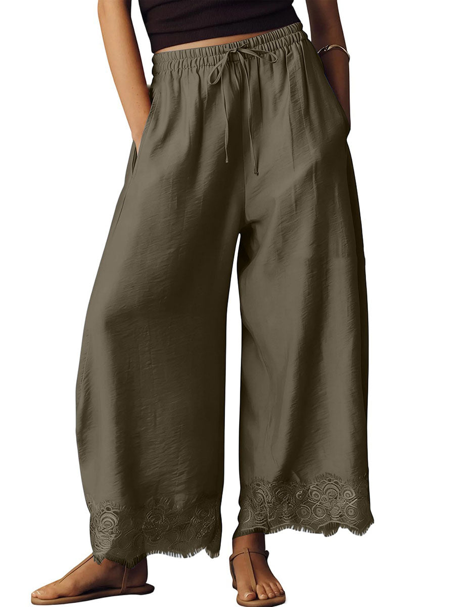 Wide-Leg Drawstring Pocket Elastic Pants