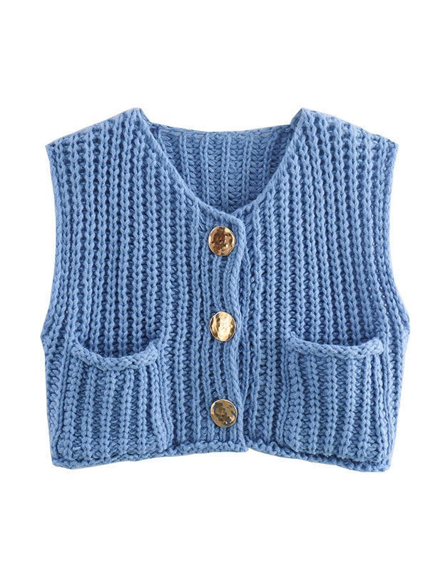 V-Neck Button-Detail Pocket Sleeveless Vest