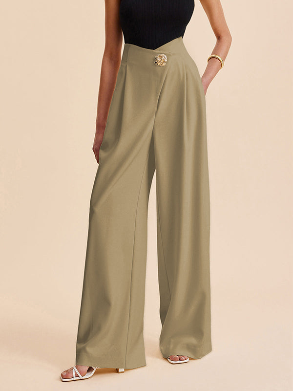 High-Waist Pleated Button-Detail Relaxed Pants