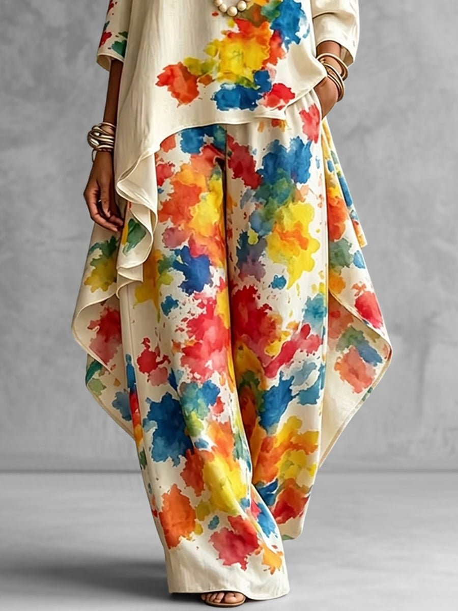 Printed Wide-Leg High-Waist Pocket Pants