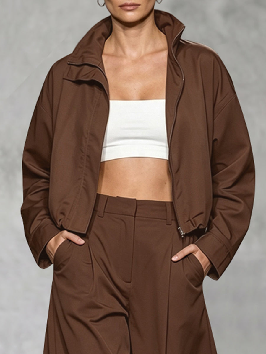 Stand-Collar Zip Long-Sleeve Relaxed Jacket
