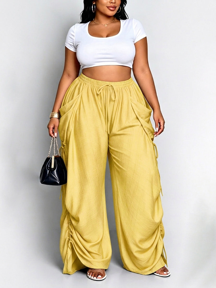 High-Waist Drawstring Pocket Elastic Pants