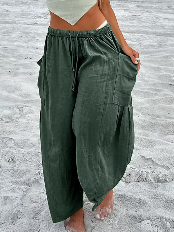 High-Waist Pleated Drawstring Pocket Pants