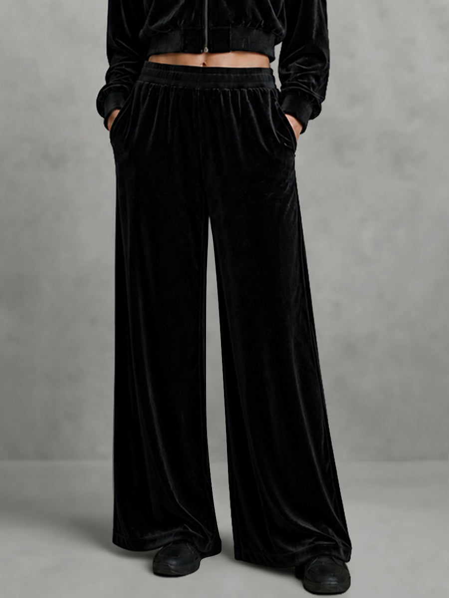 Velvet Wide-Leg Pocket Elastic Pants