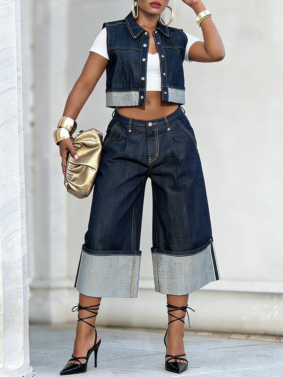 Pleated Button-Detail Sleeveless Relaxed Vest