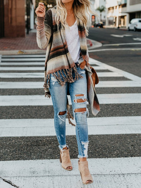 Striped Fringe Button-Detail Long-Sleeve Cardigan