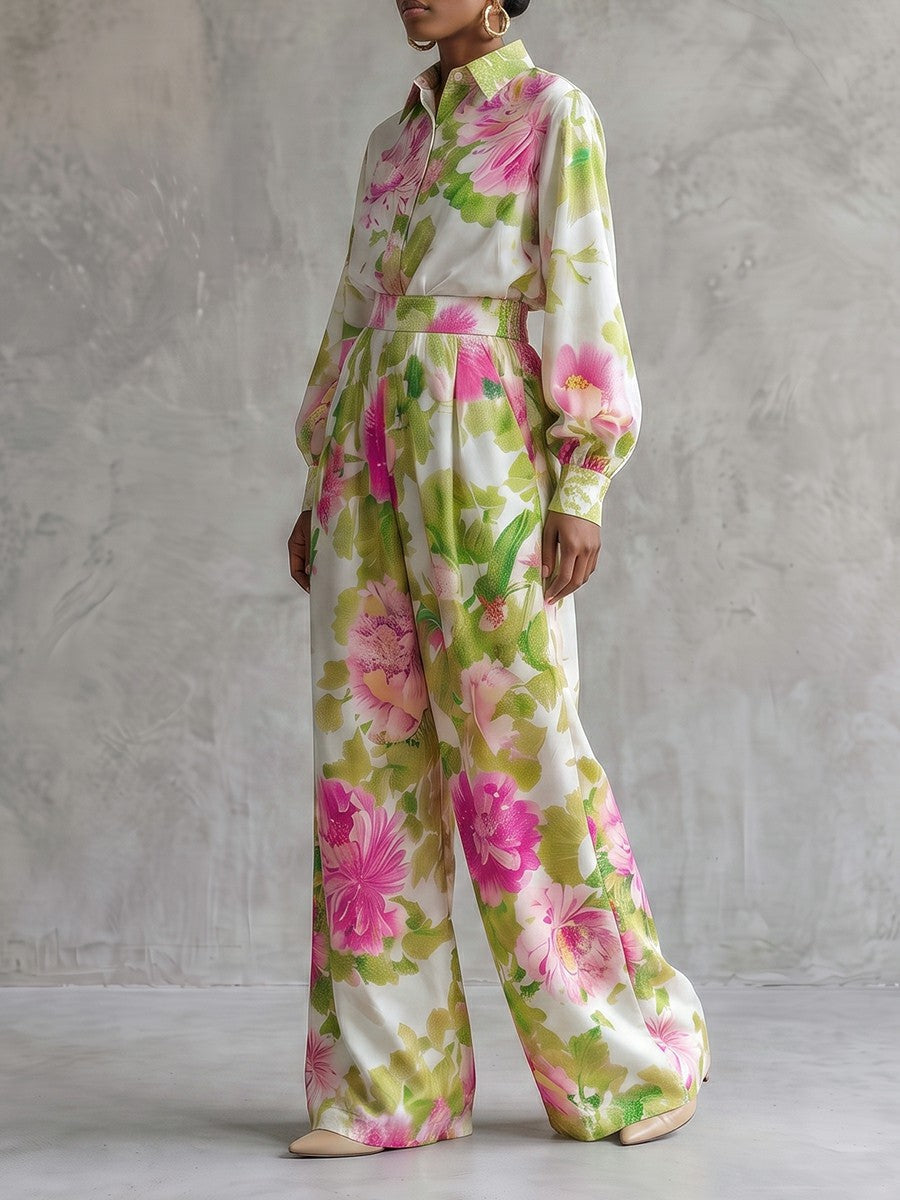 Floral Wide-Leg Pleated Pocket Pants