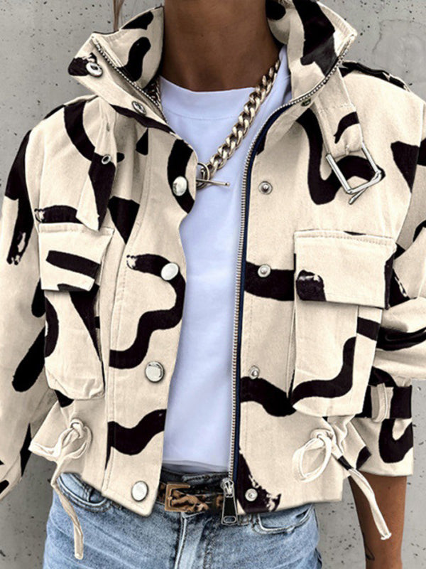 Printed Stand-Collar Drawstring Button-Detail Jacket