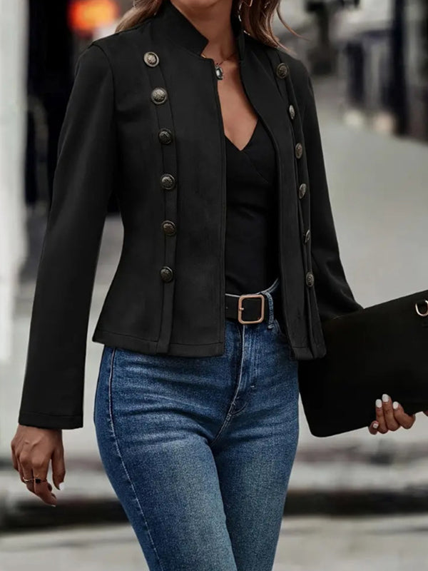Stand-Collar Button-Detail Long-Sleeve Relaxed Jacket