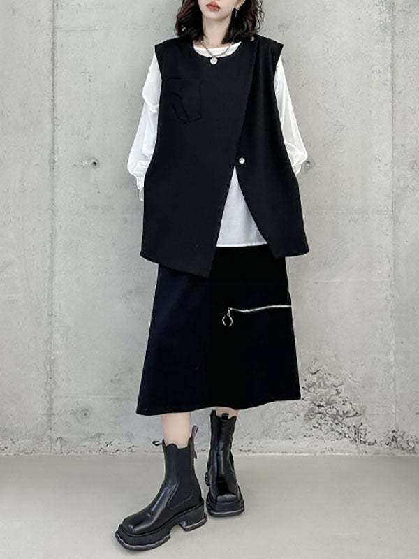 Round-Neck Asymmetric Zip Sleeveless Vest
