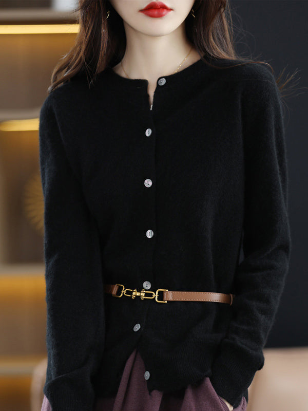 Knit Round-Neck Button-Detail Long-Sleeve Cardigan