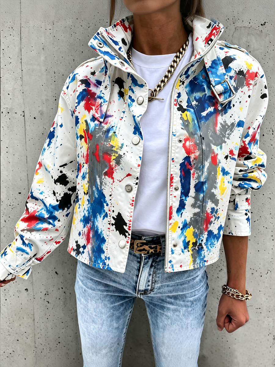 Printed Stand-Collar Button-Detail Zip Jacket