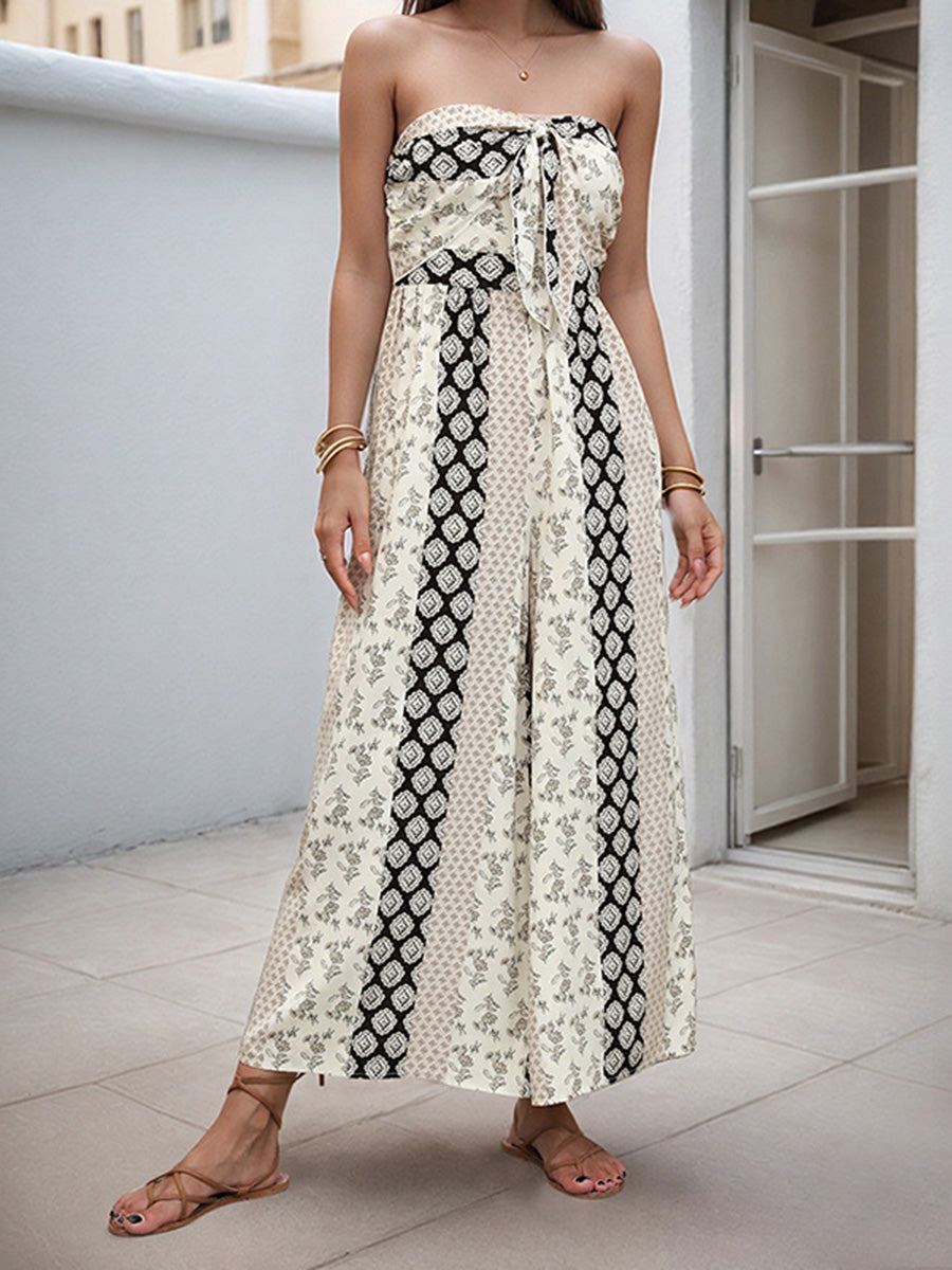 Printed High-Waist Pleated Open-Back Jumpsuit