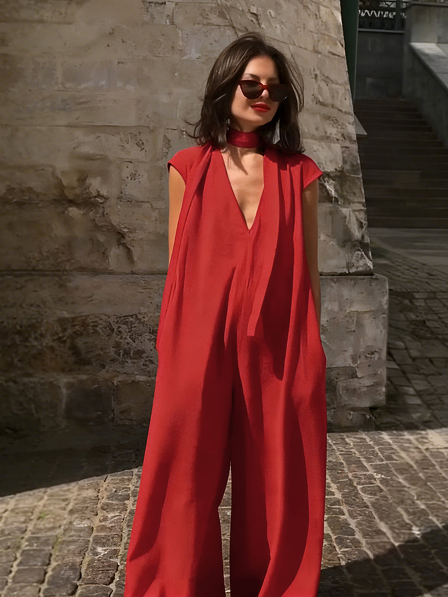 Wide-Leg V-Neck Pocket Relaxed Jumpsuit