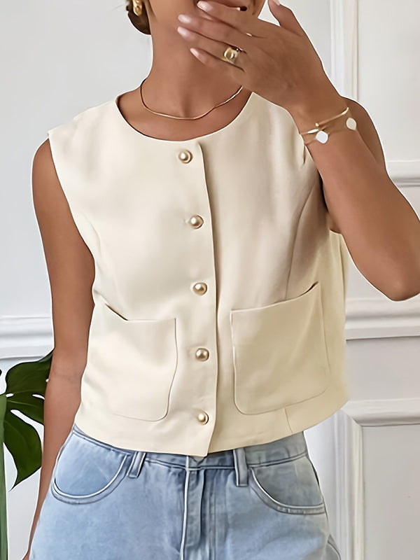 Round-Neck Button-Detail Pocket Sleeveless Vest