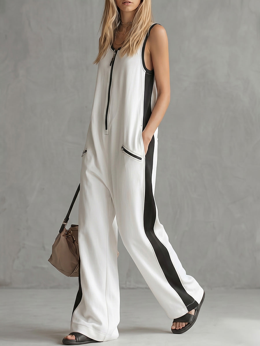V-Neck Zip Pocket Sleeveless Jumpsuit