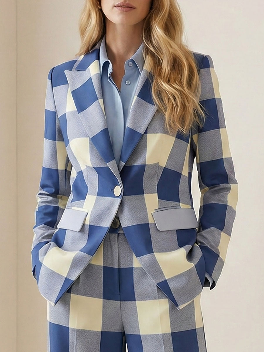 Checked Notch-Collar Button-Detail Pocket Blazer