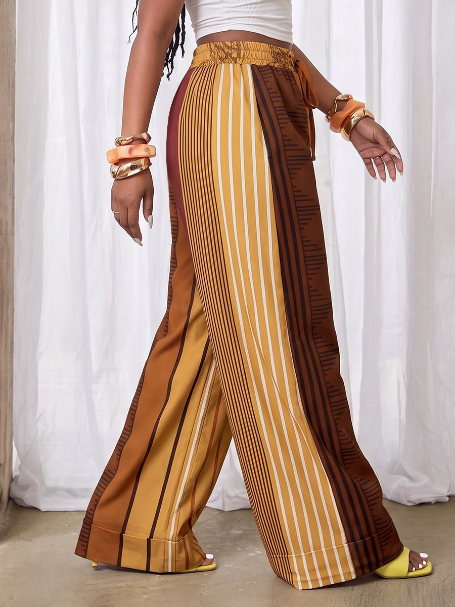 Printed Wide-Leg Drawstring Pocket Pants