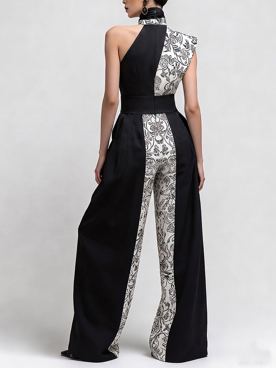 Floral Wide-Leg One-Shoulder Pleated Jumpsuit