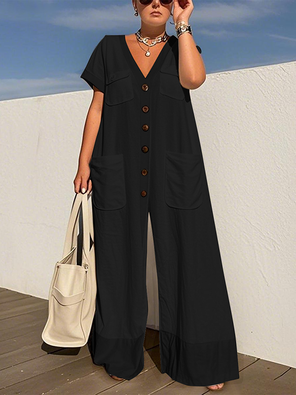 V-Neck Button-Detail Pocket Short-Sleeve Jumpsuit