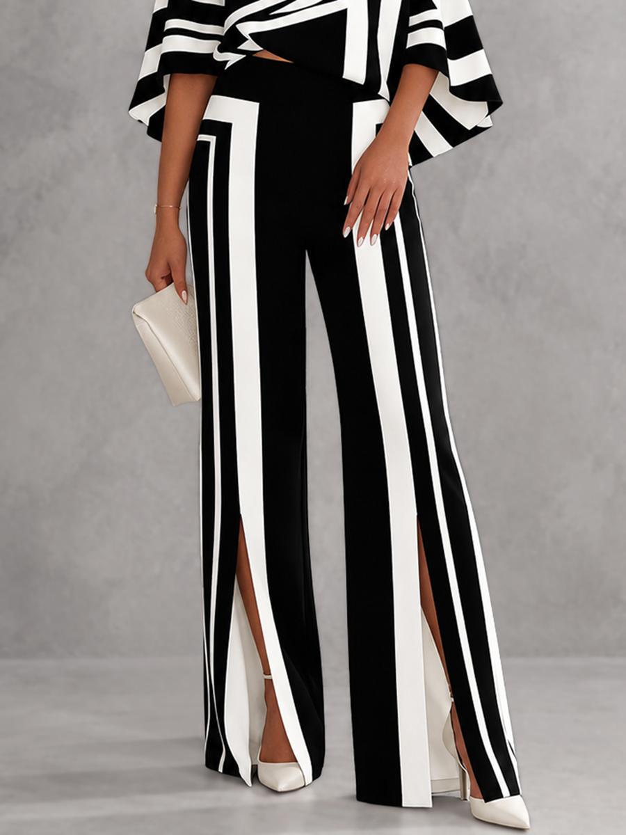 Striped Wide-Leg High-Waist Contrast Pants
