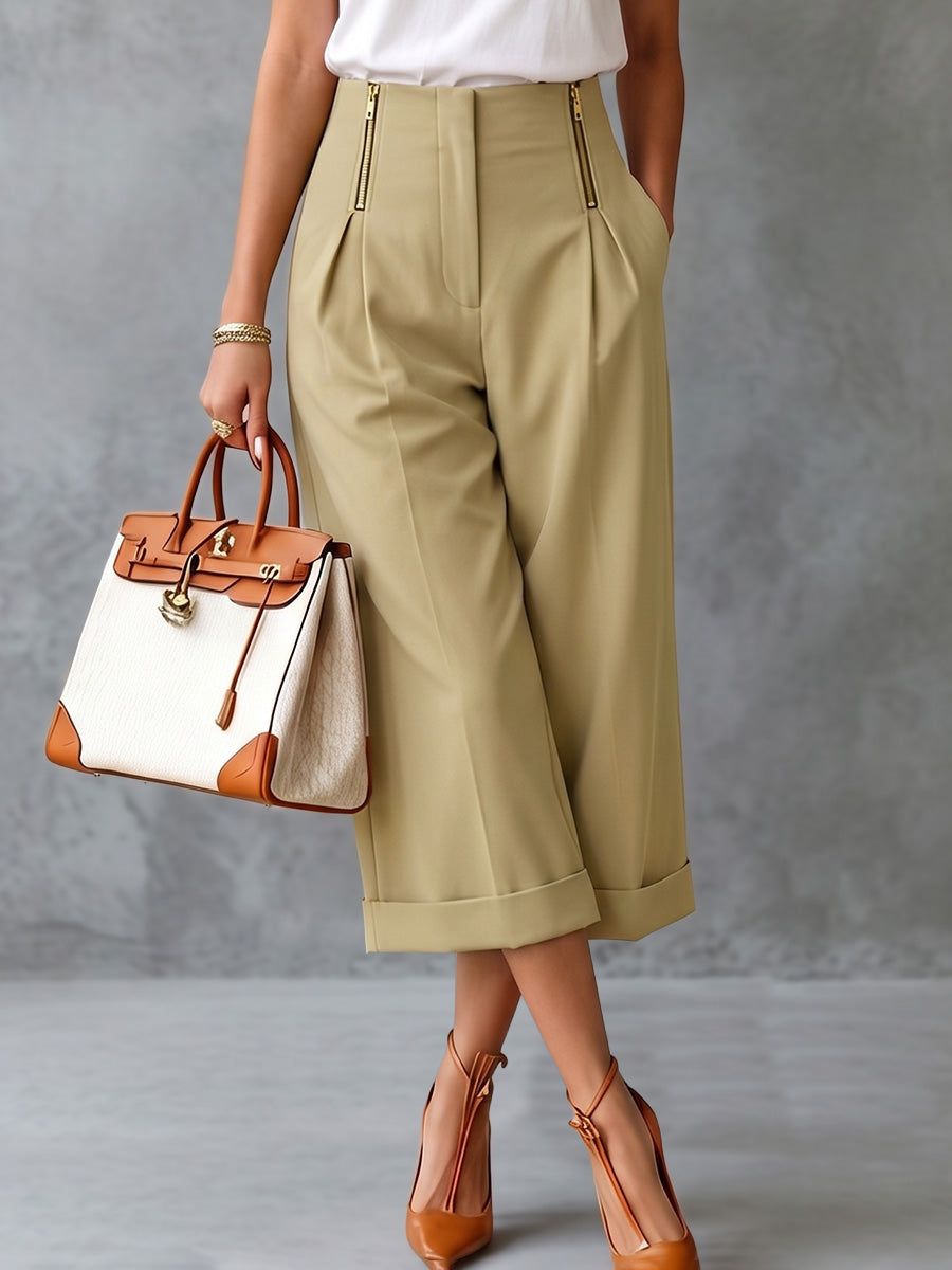 Wide-Leg High-Waist Cropped Pleated Pants