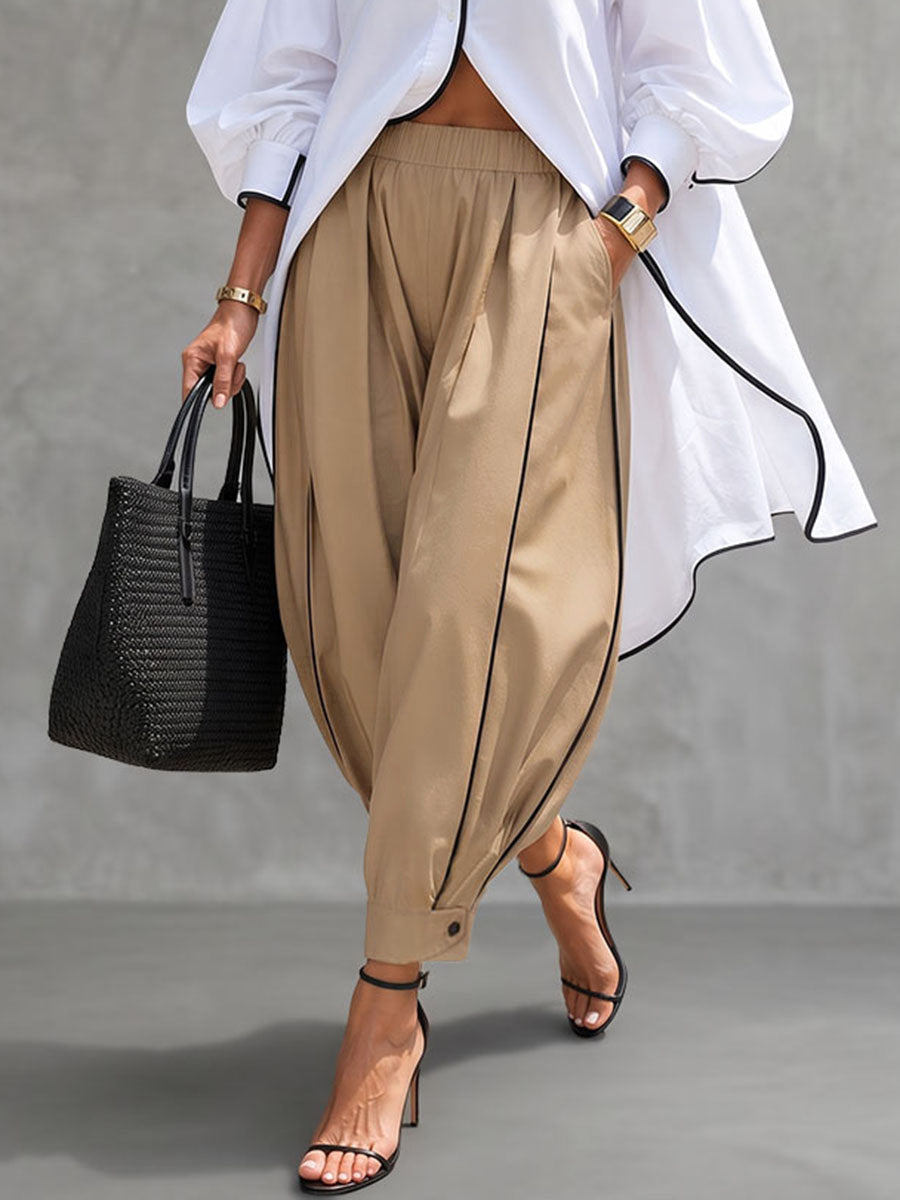Wide-Leg Cropped Button-Detail Pocket Pants