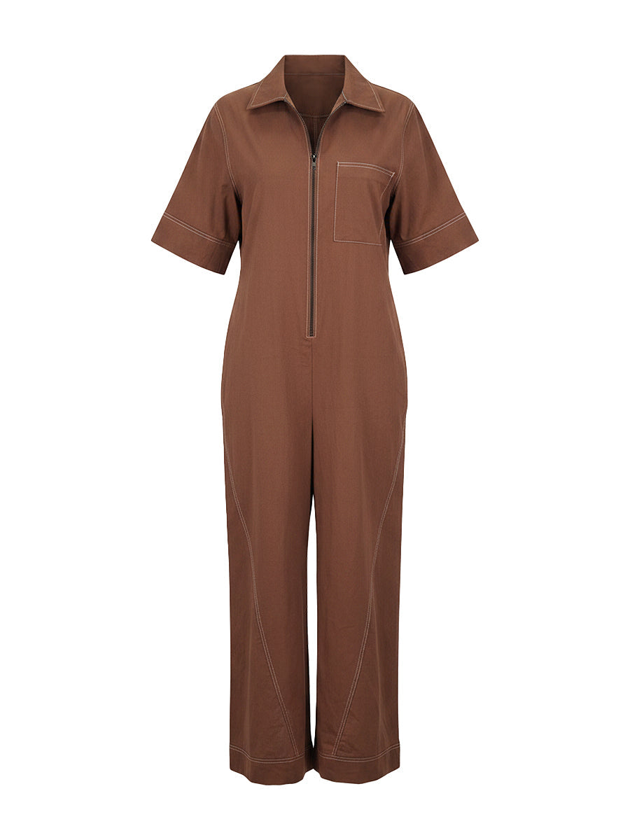 Stand-Collar Zip Pocket Short-Sleeve Jumpsuit