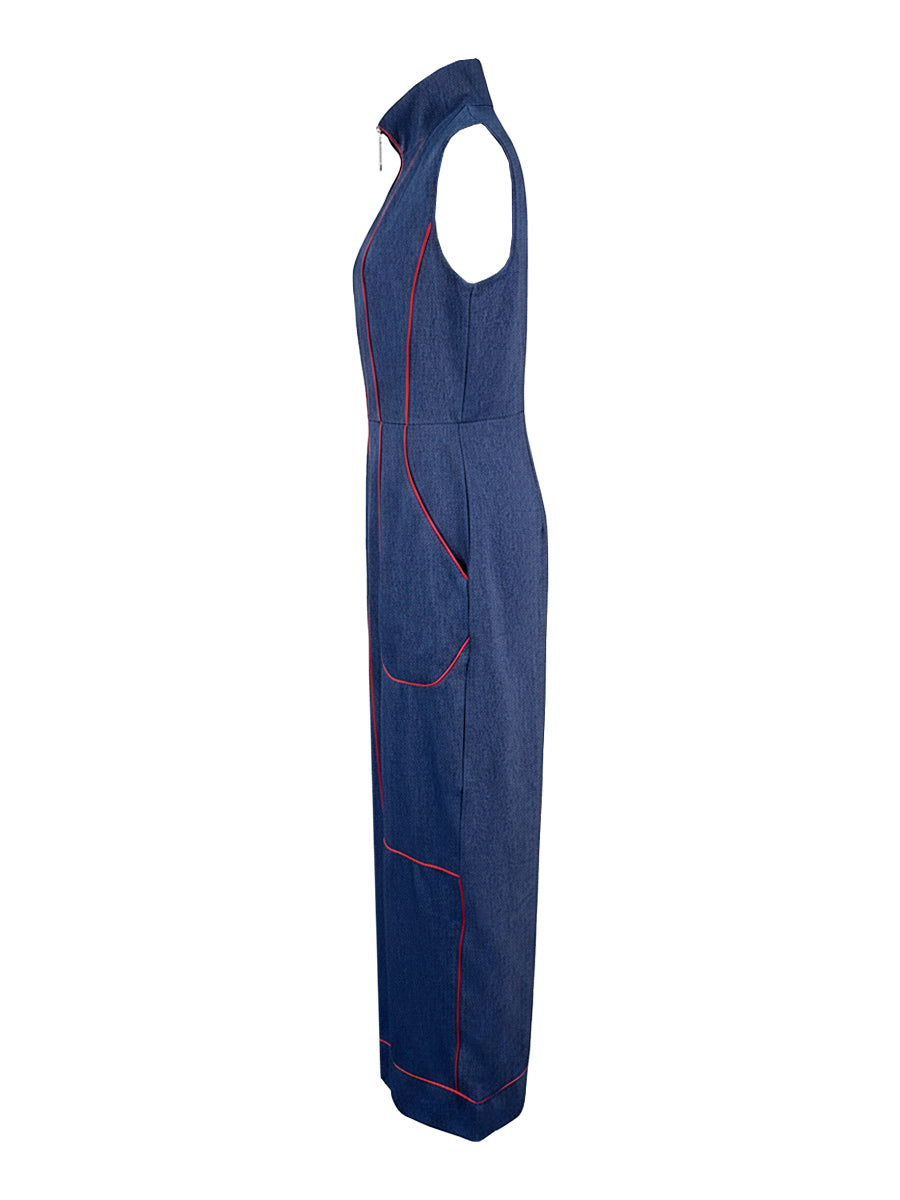 High-Waist Stand-Collar Zip Pocket Jumpsuit