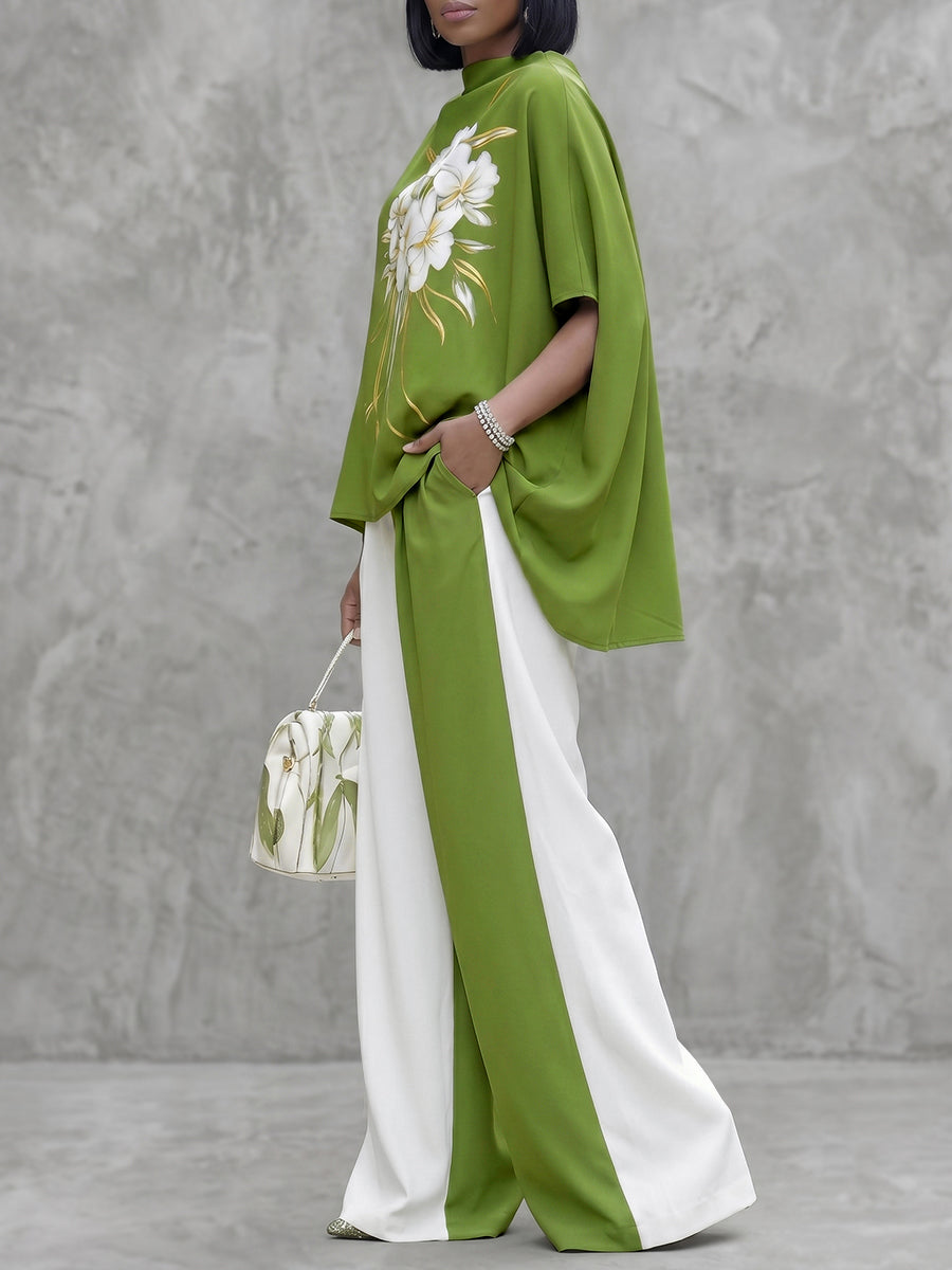 Wide-Leg High-Waist Pocket Contrast Pants